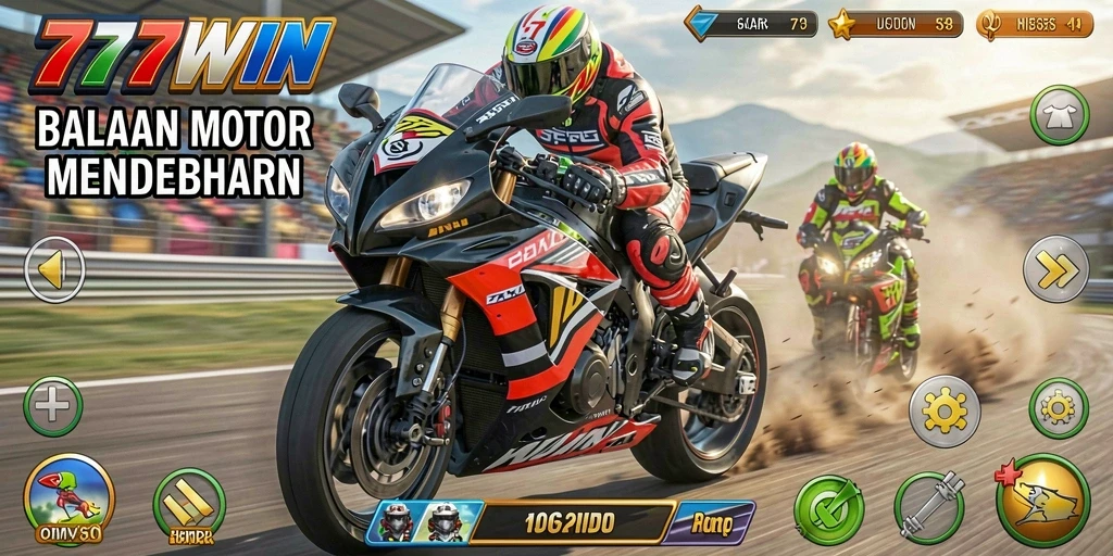 Screenshot gameplay 777WIN menampilkan aksi balapan motor yang seru.