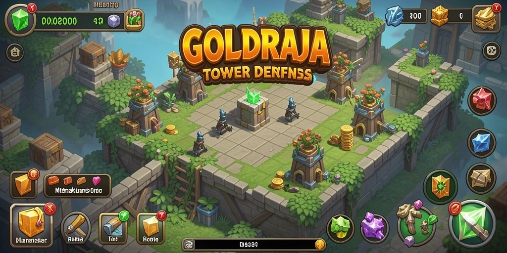 Screenshot dari gameplay GOLDRAJA yang menunjukkan pertahanan yang strategis.