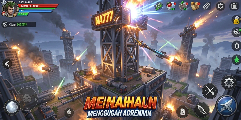 Tangkapan layar menunjukkan aksi intens dalam permainan Tower Defense NA777.